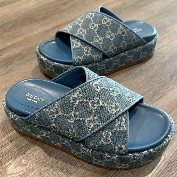 Gucci GG Logo Blue Jean Platform Slide Sandals - Picture 3 of 13